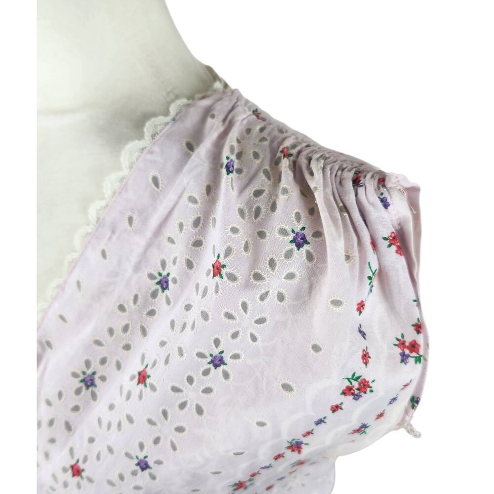 70s Vtg Sleeveless Floral Lace Detail Cotton Coquette Midi Dress LARGE Lavender - Picture 3 of 10